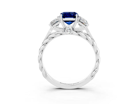 White gold Three-Stone Emerald Cut Blue Sapphire Braided Band Ring with Four-Prong Setting_39