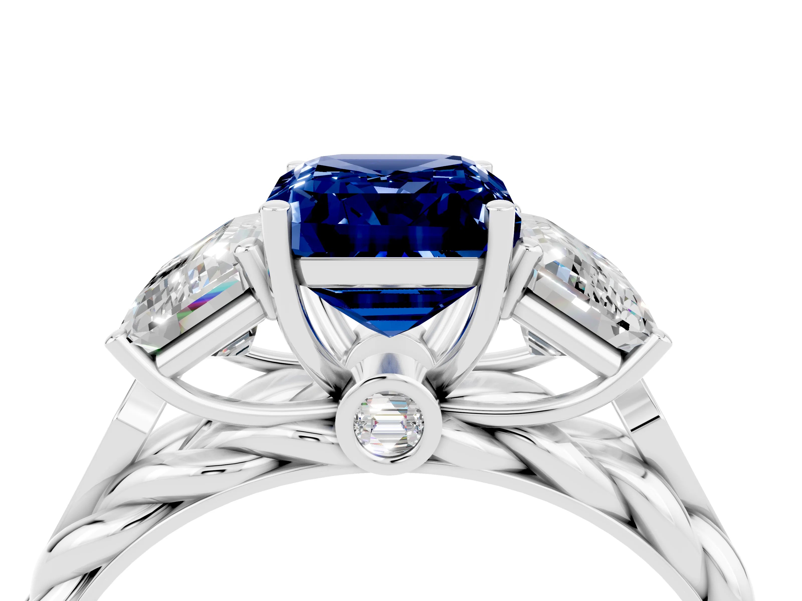 White gold Three-Stone Emerald Cut Blue Sapphire Braided Band Ring with Four-Prong Setting_40