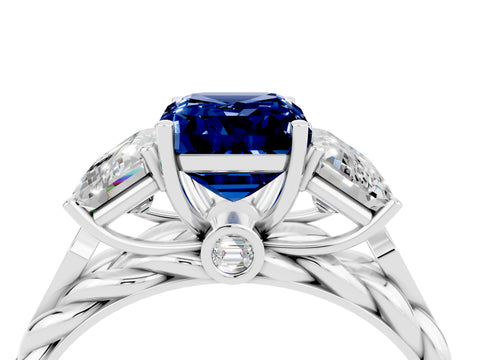 White gold Three-Stone Emerald Cut Blue Sapphire Braided Band Ring with Four-Prong Setting_40