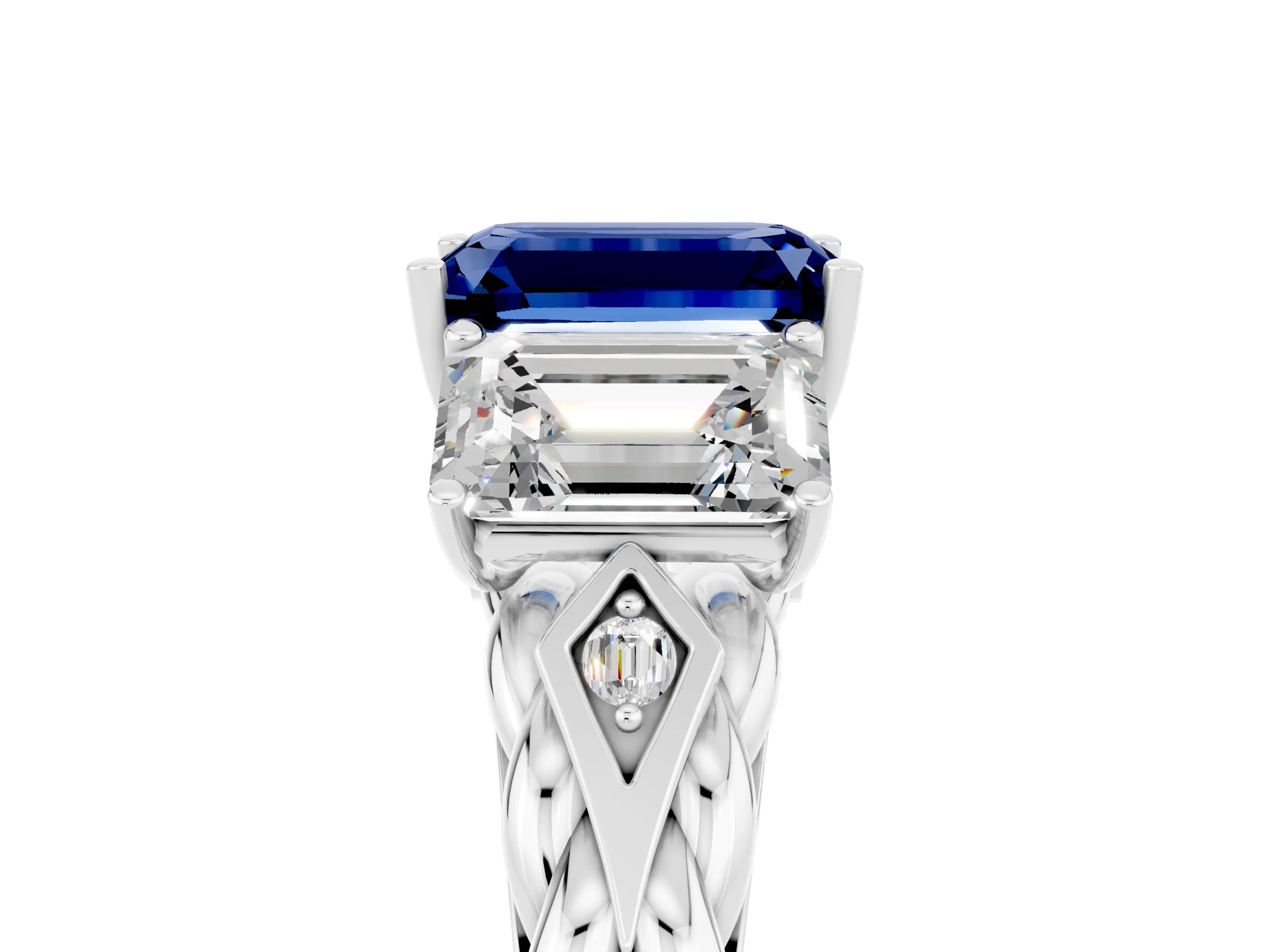 White gold Three-Stone Emerald Cut Blue Sapphire Braided Band Ring with Four-Prong Setting_41