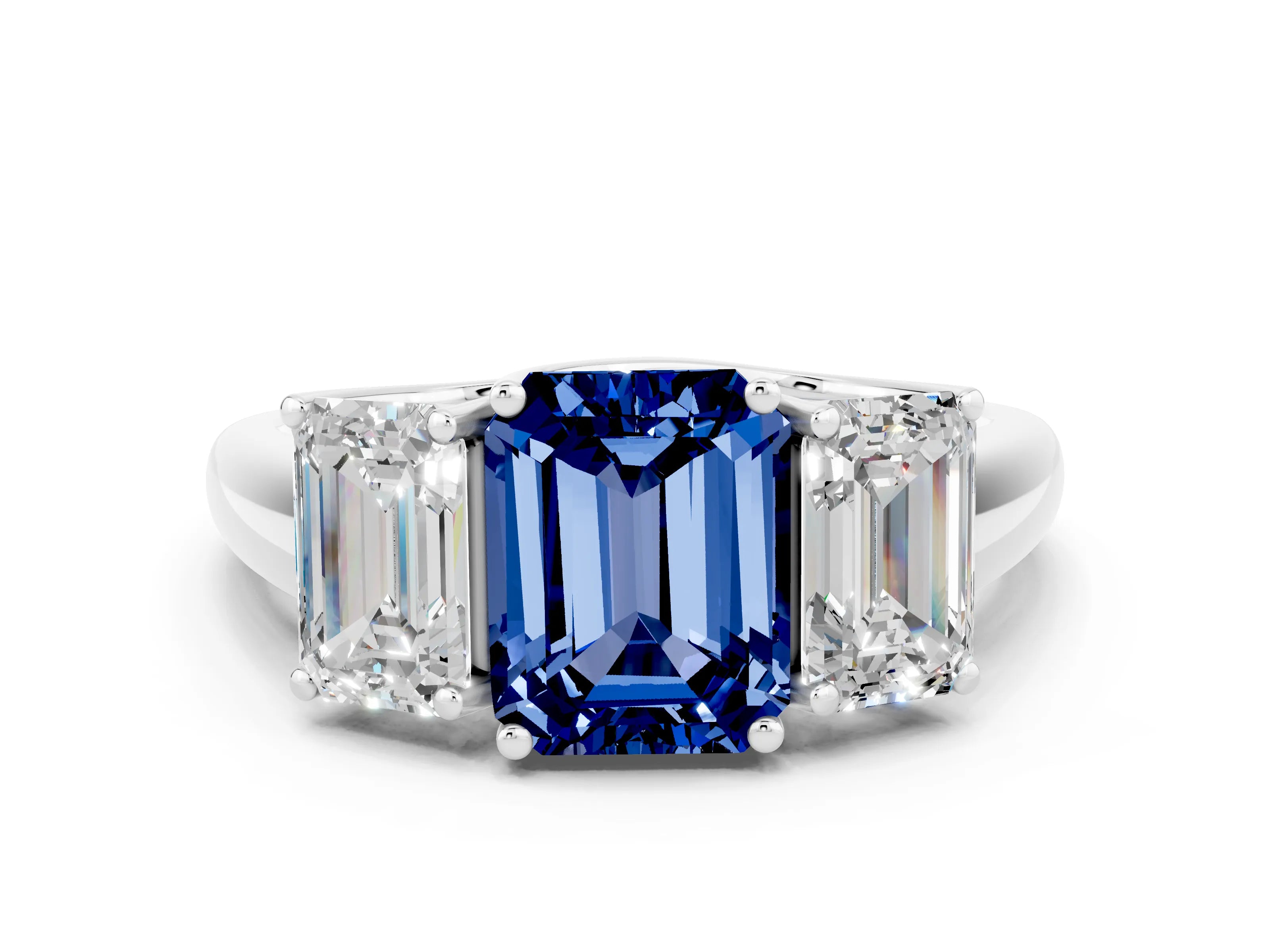 White gold Three-Stone Emerald Cut Blue Sapphire Engagement Ring with Prong Setting