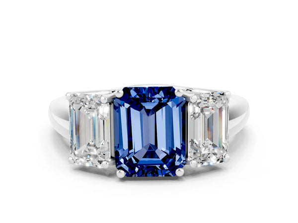 Platinum Three-Stone Emerald Cut Blue Sapphire Engagement Ring with Prong Setting