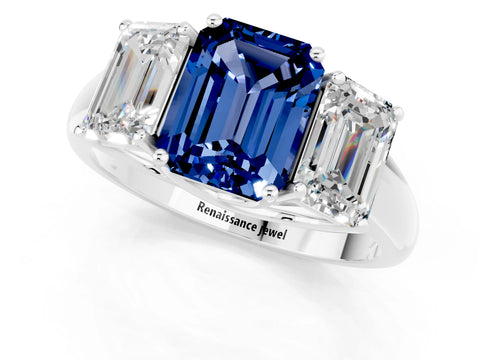 White gold Three-Stone Emerald Cut Blue Sapphire Engagement Ring with Prong Setting_1