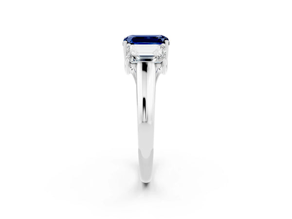 Silver Three-Stone Emerald Cut Blue Sapphire Engagement Ring with Prong Setting