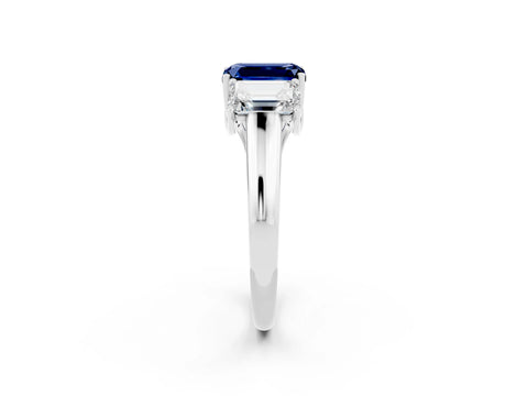 White gold Three-Stone Emerald Cut Blue Sapphire Engagement Ring with Prong Setting_2
