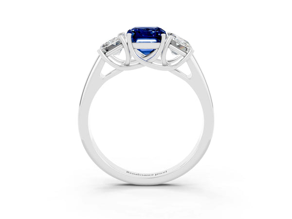 White gold Three-Stone Emerald Cut Blue Sapphire Engagement Ring with Prong Setting