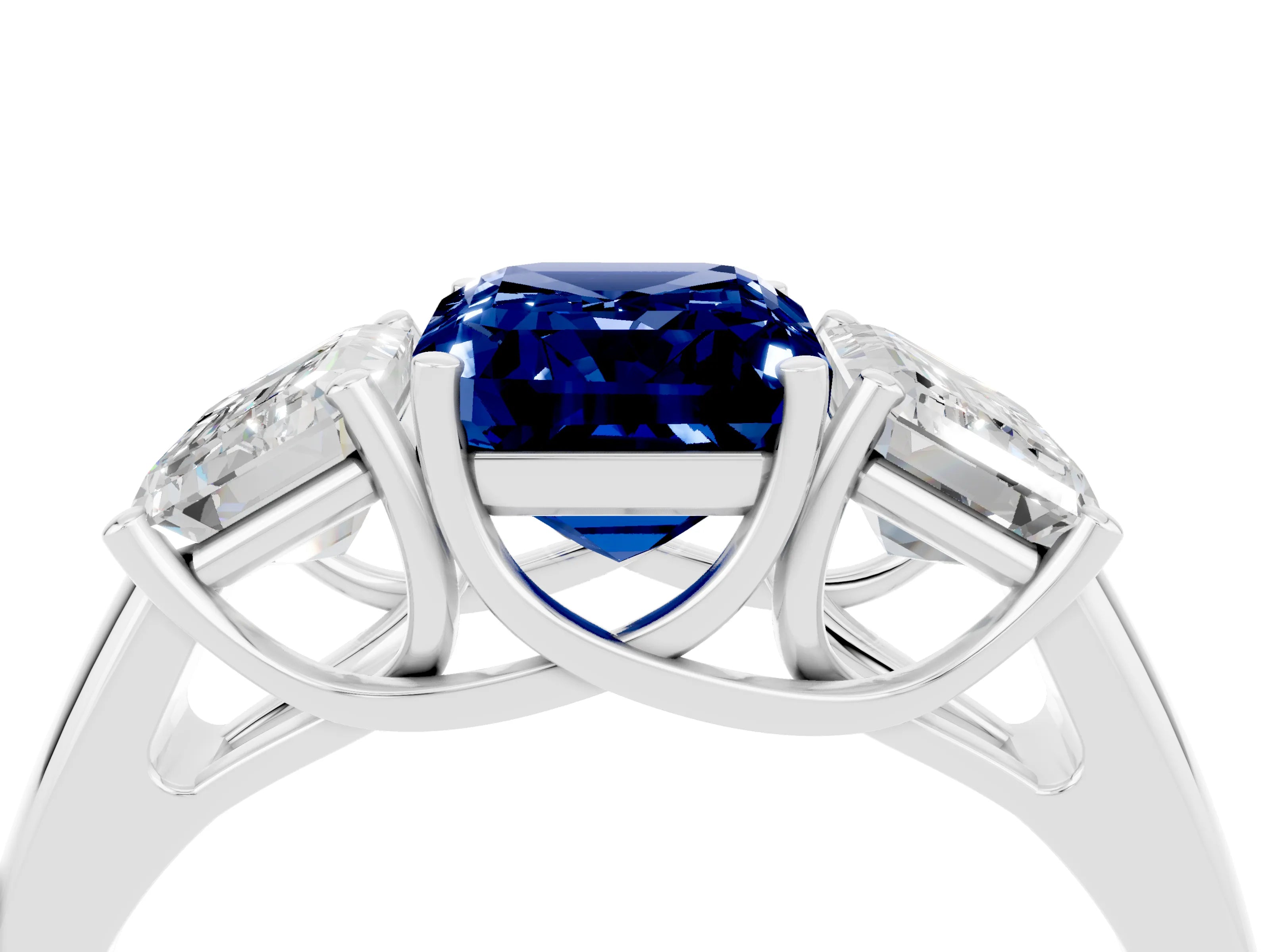 White gold Three-Stone Emerald Cut Blue Sapphire Engagement Ring with Prong Setting_4