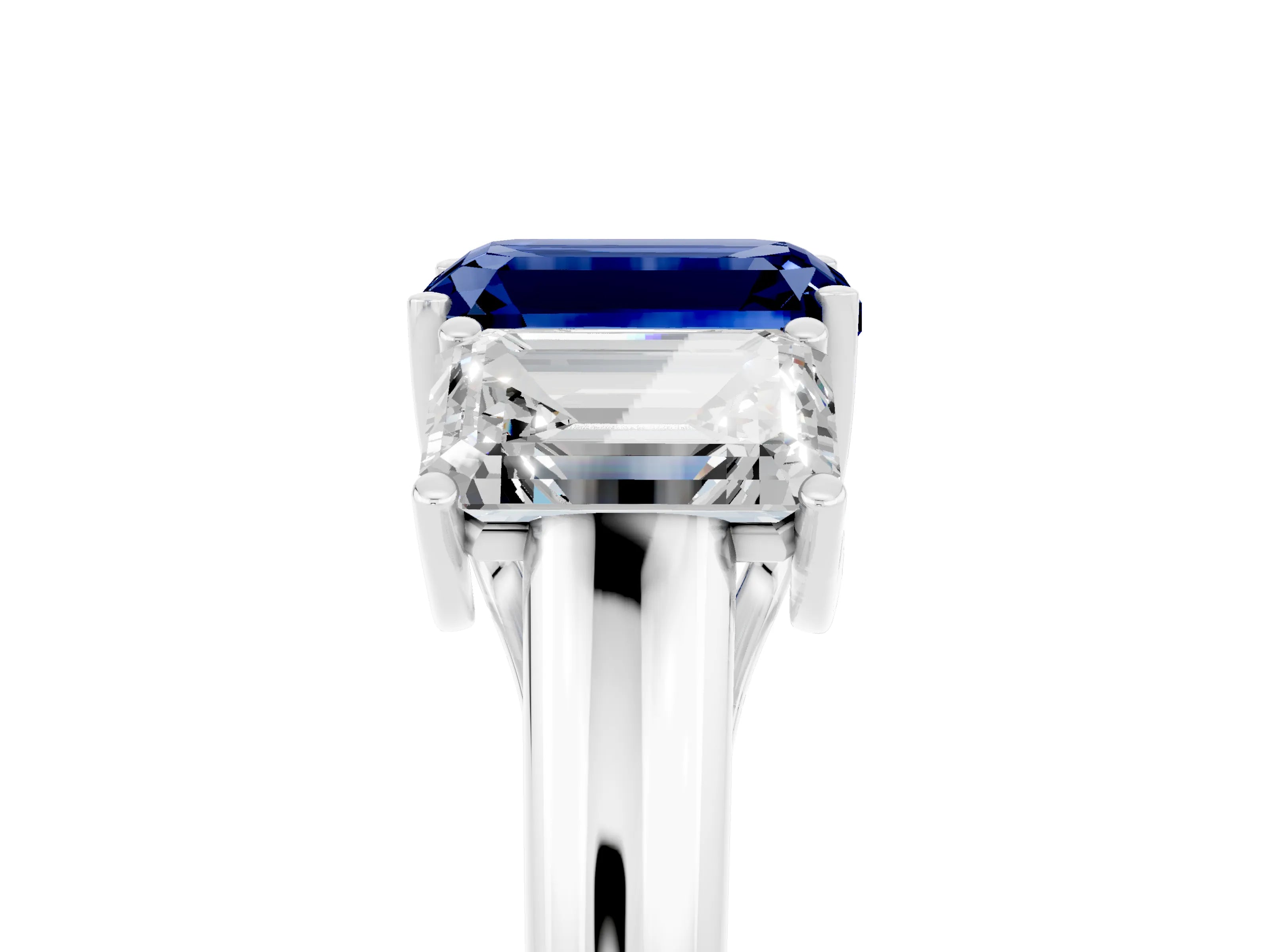 White gold Three-Stone Emerald Cut Blue Sapphire Engagement Ring with Prong Setting_5
