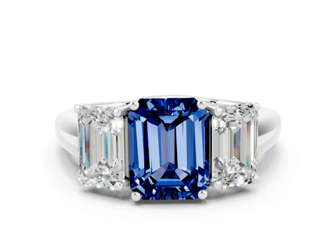 White gold Three-Stone Emerald Cut Blue Sapphire Engagement Ring with Prong Setting