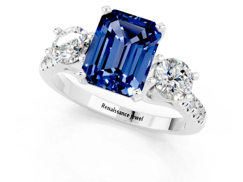 White gold Three-Stone Emerald Cut Blue Sapphire Pavé Band with Four-Prong Setting_1