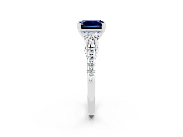 Platinum Three-Stone Emerald Cut Blue Sapphire Pavé Band with Four-Prong Setting