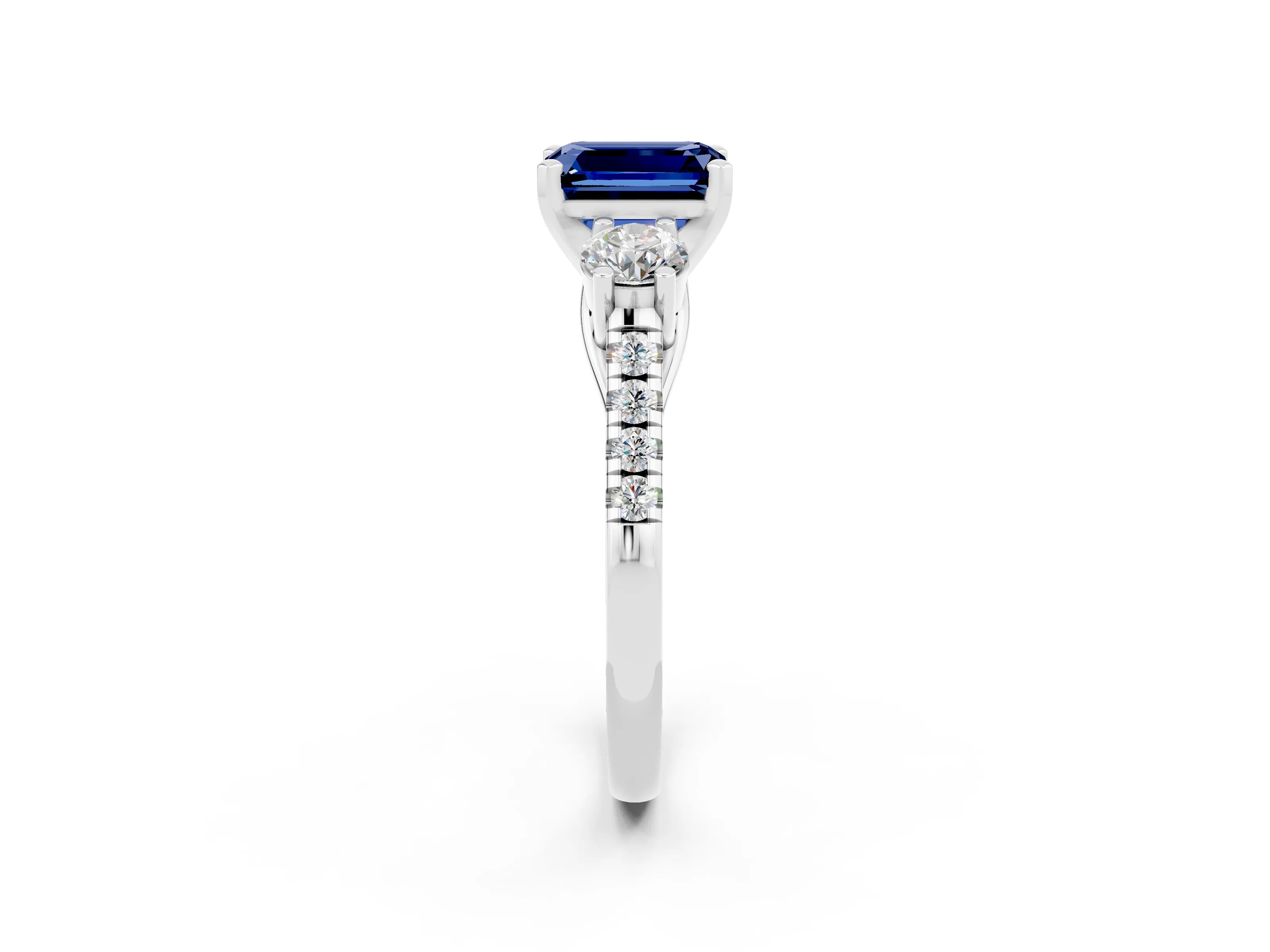 White gold Three-Stone Emerald Cut Blue Sapphire Pavé Band with Four-Prong Setting_2