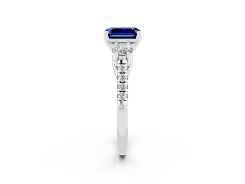 White gold Three-Stone Emerald Cut Blue Sapphire Pavé Band with Four-Prong Setting_2