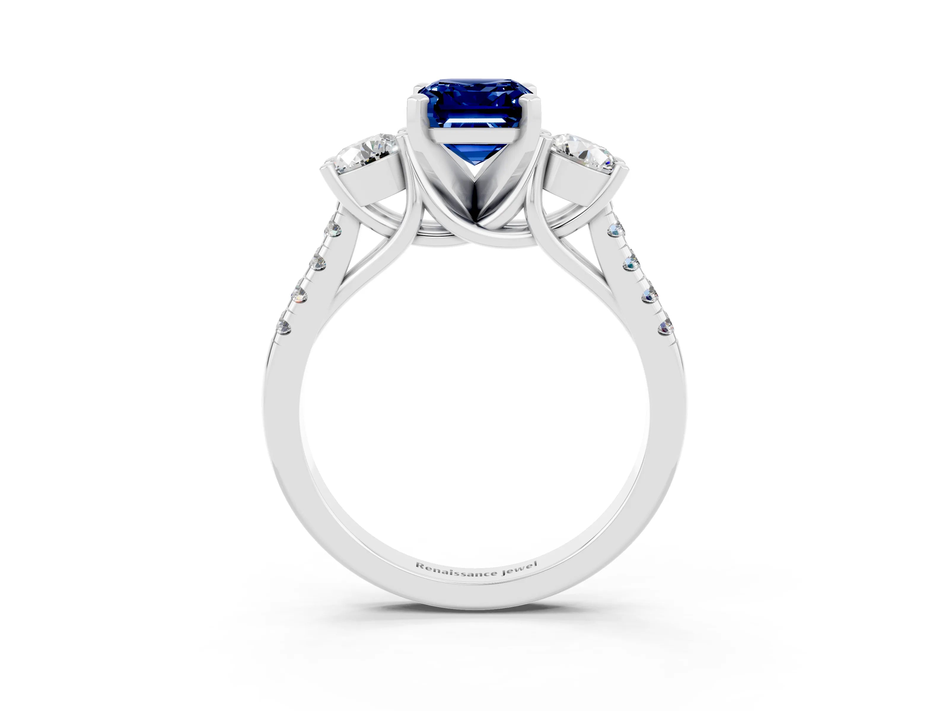 White gold Three-Stone Emerald Cut Blue Sapphire Pavé Band with Four-Prong Setting_3