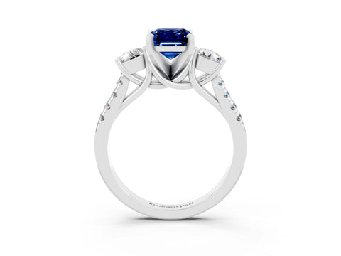 White gold Three-Stone Emerald Cut Blue Sapphire Pavé Band with Four-Prong Setting_3