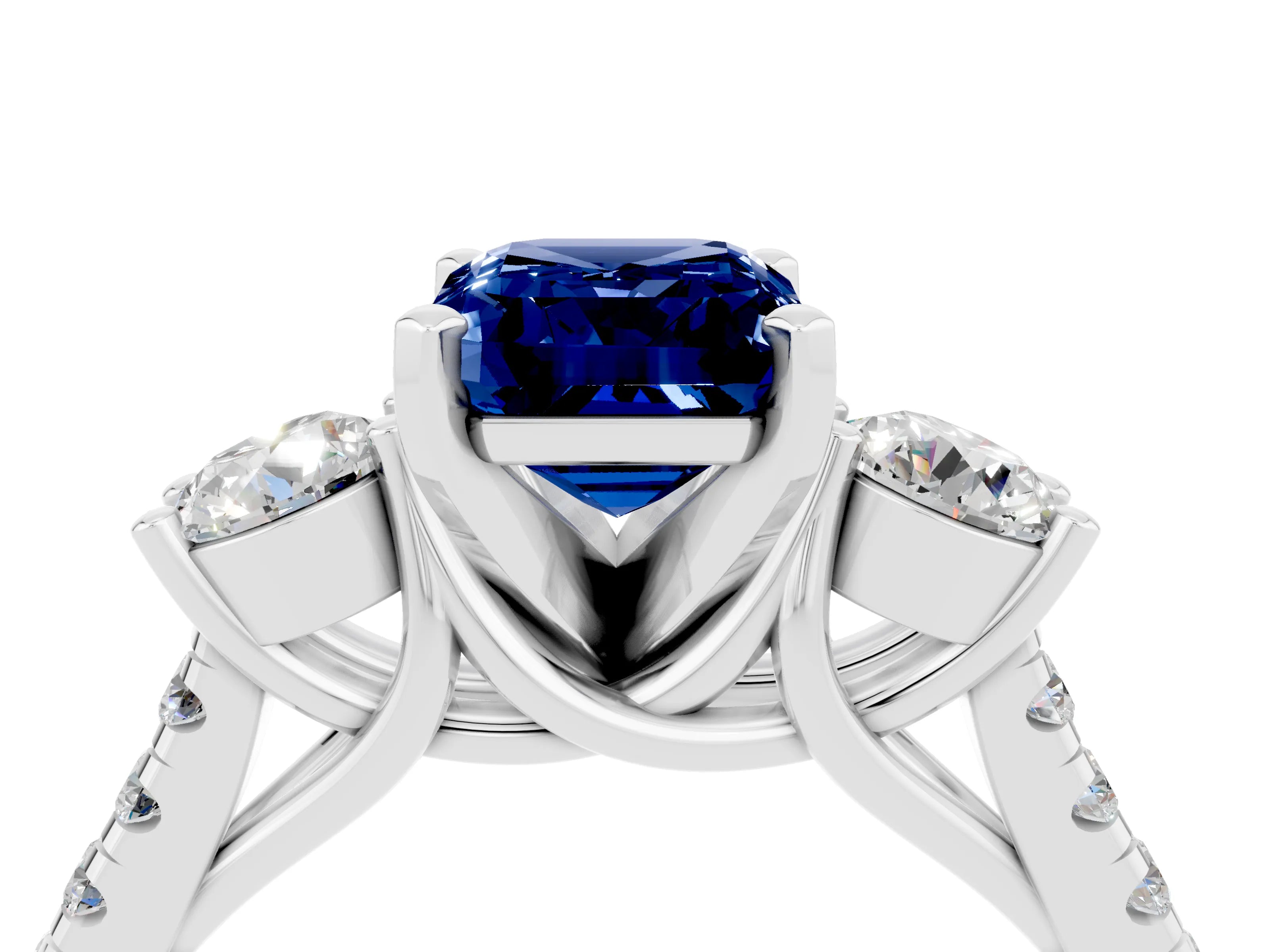 White gold Three-Stone Emerald Cut Blue Sapphire Pavé Band with Four-Prong Setting_4