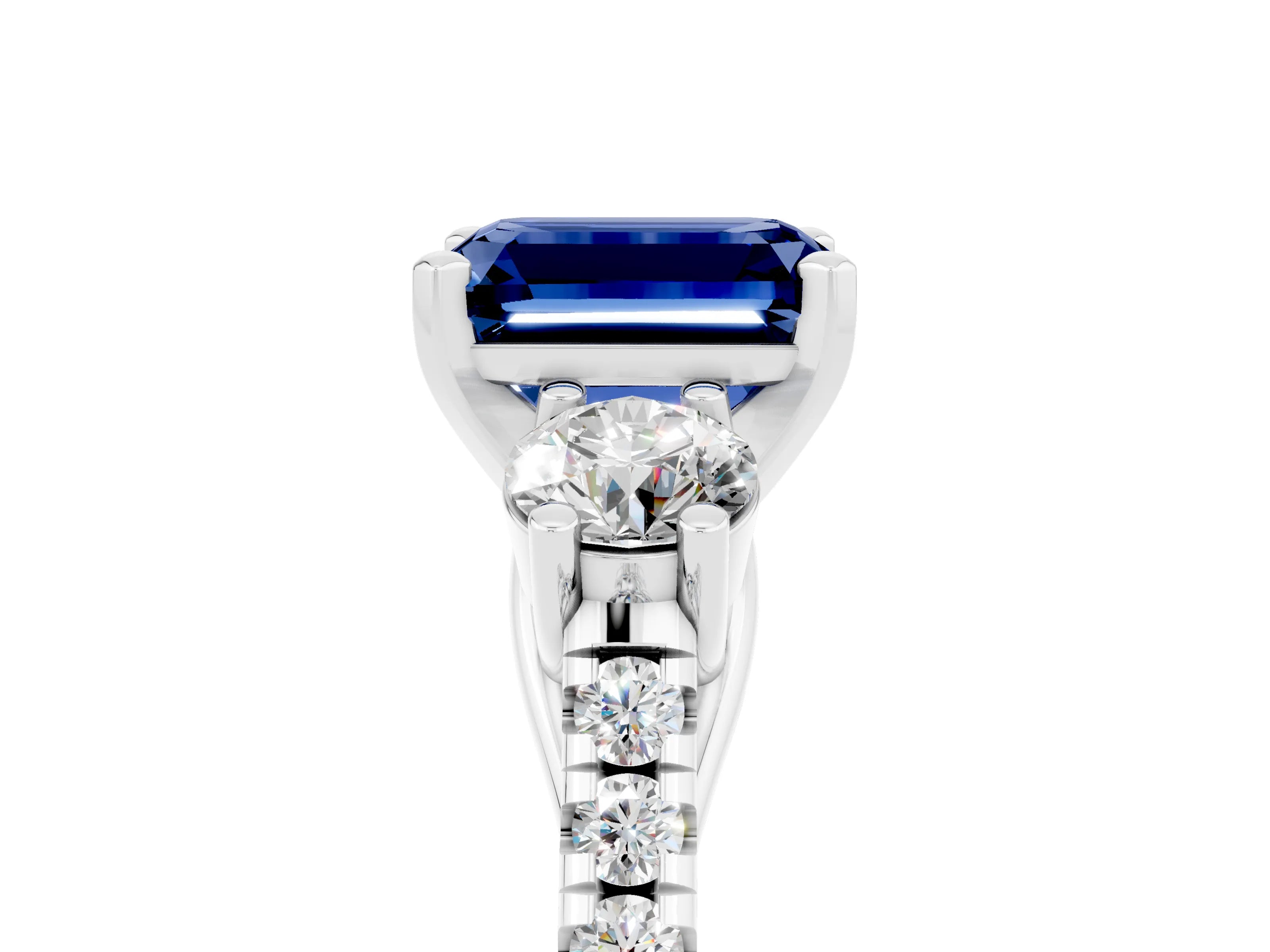 White gold Three-Stone Emerald Cut Blue Sapphire Pavé Band with Four-Prong Setting_5