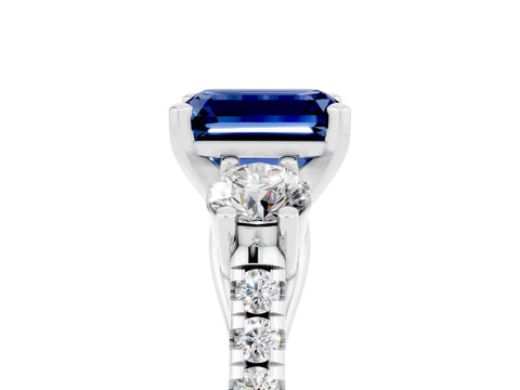 White gold Three-Stone Emerald Cut Blue Sapphire Pavé Band with Four-Prong Setting_5