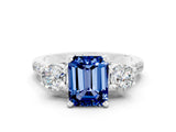 White gold Three-Stone Emerald Cut Blue Sapphire Pavé Band with Four-Prong Setting