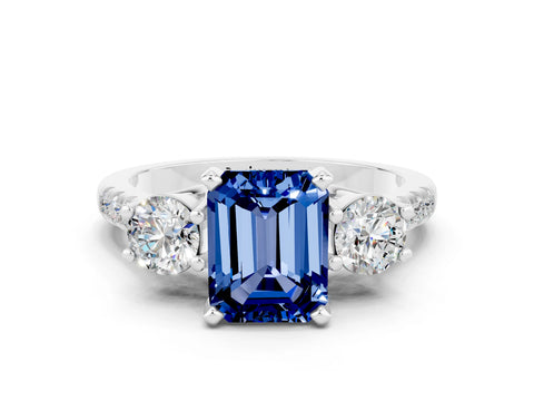 White gold Three-Stone Emerald Cut Blue Sapphire Pavé Band with Four-Prong Setting