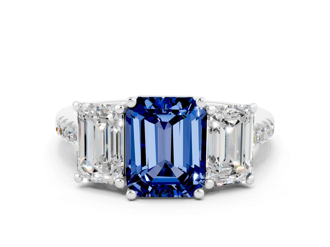 White gold Three-Stone Emerald Cut Blue Sapphire Ring with Pavé Band and Prong Setting_12