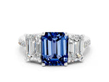 White gold Three-Stone Emerald Cut Blue Sapphire Ring with Pavé Band and Prong Setting_12