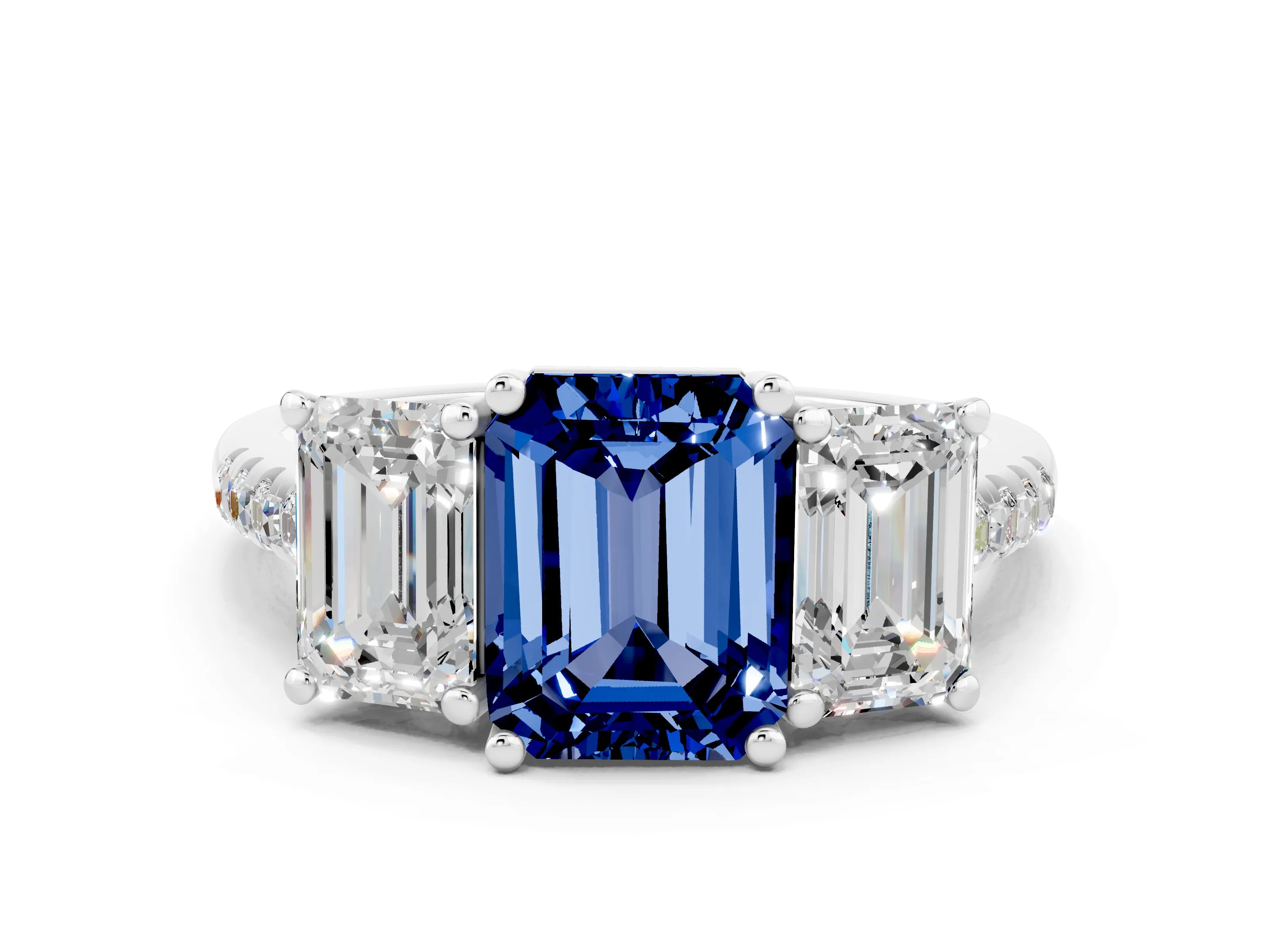 White gold Three-Stone Emerald Cut Blue Sapphire Ring with Pavé Band and Prong Setting_12