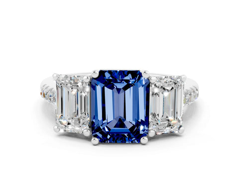 White gold Three-Stone Emerald Cut Blue Sapphire Ring with Pavé Band and Prong Setting_12
