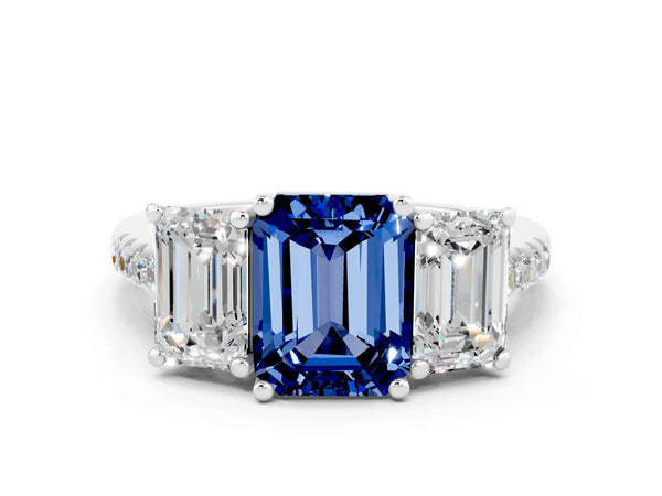 Silver Three-Stone Emerald Cut Blue Sapphire Ring with Round  Pavé Band and Prong Setting