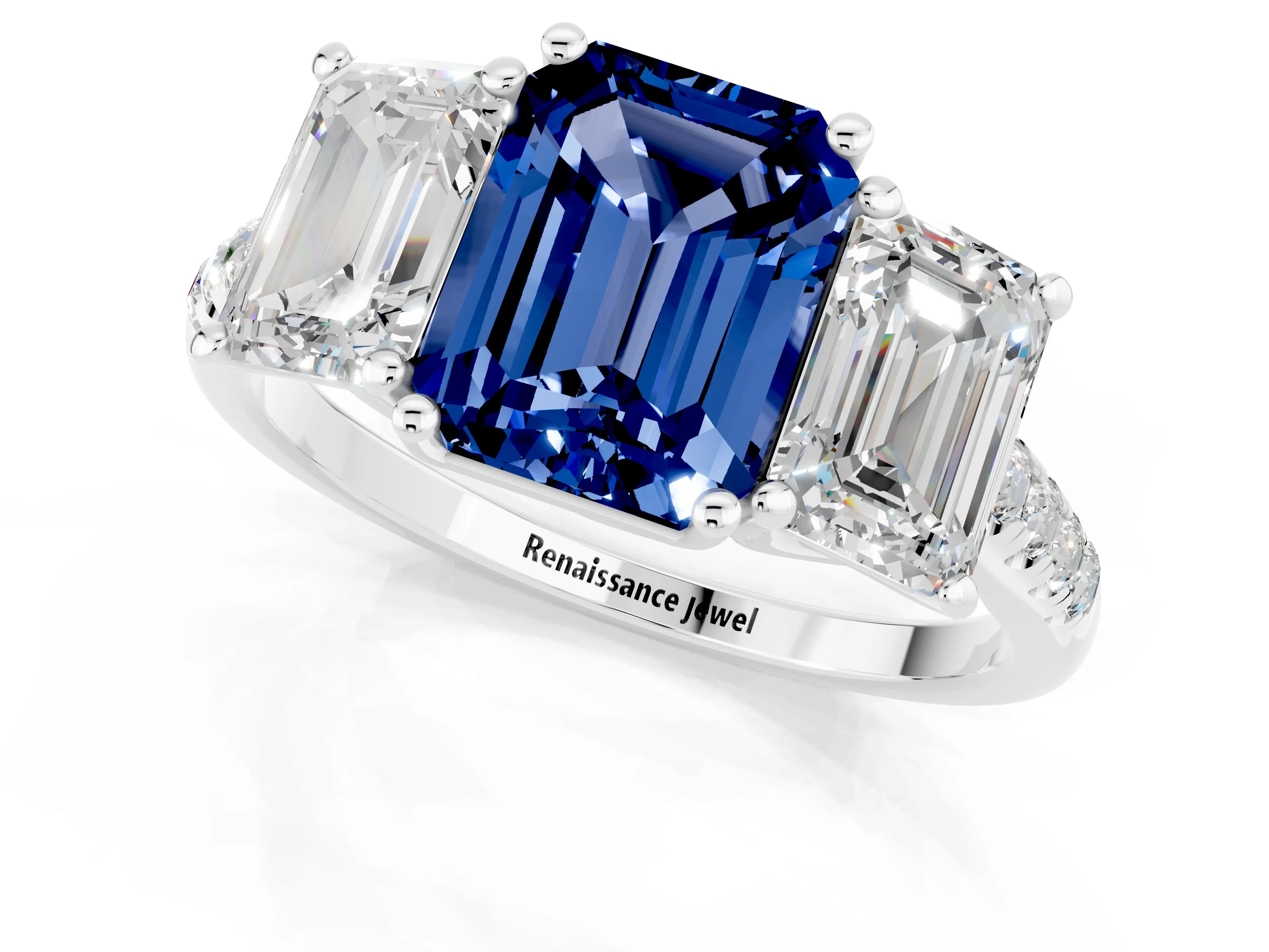 White gold Three-Stone Emerald Cut Blue Sapphire Ring with Pavé Band and Prong Setting_13