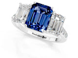 White gold Three-Stone Emerald Cut Blue Sapphire Ring with Pavé Band and Prong Setting_13