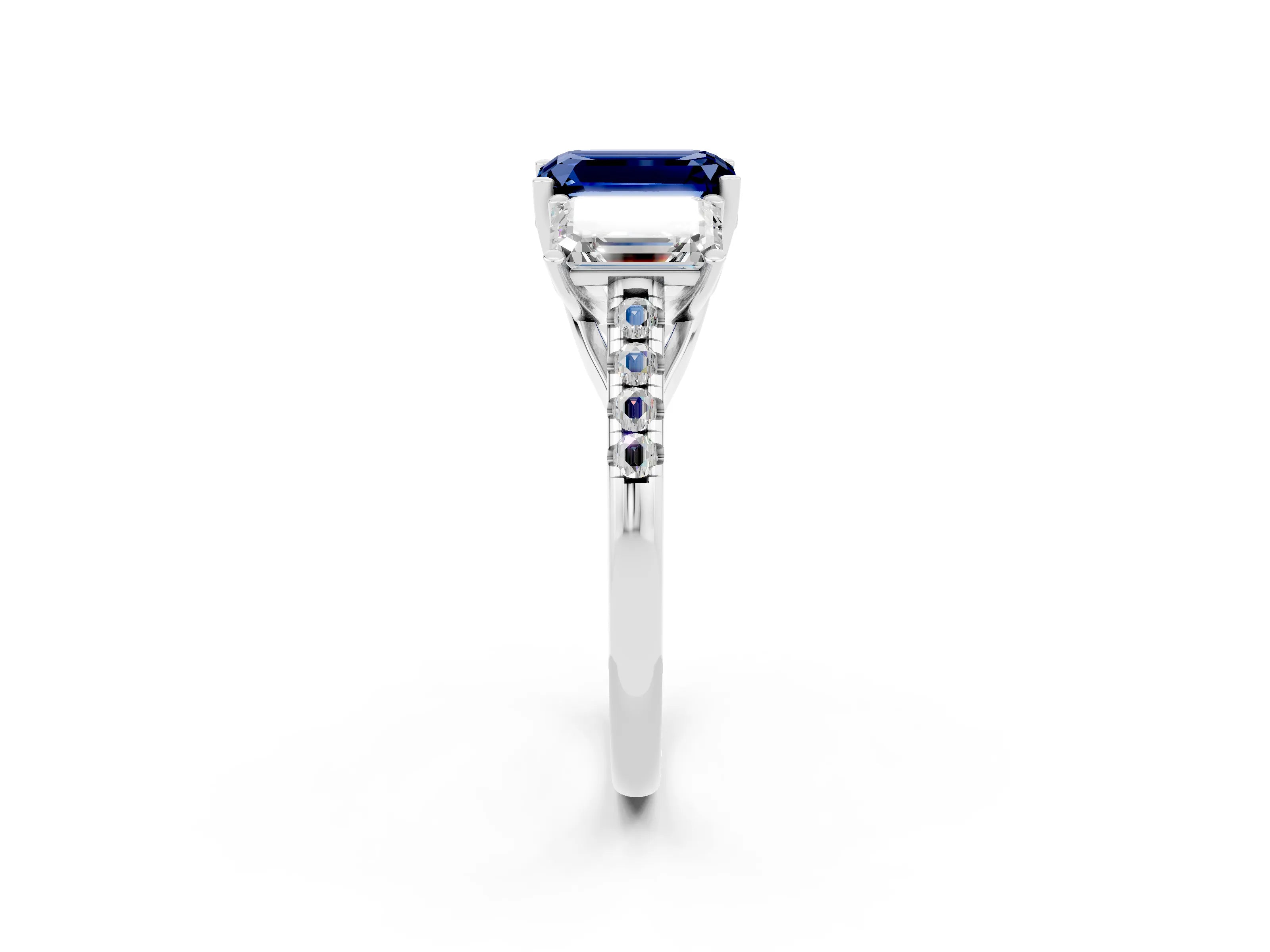 White gold Three-Stone Emerald Cut Blue Sapphire Ring with Pavé Band and Prong Setting_14