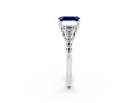 White gold Three-Stone Emerald Cut Blue Sapphire Ring with Pavé Band and Prong Setting_14