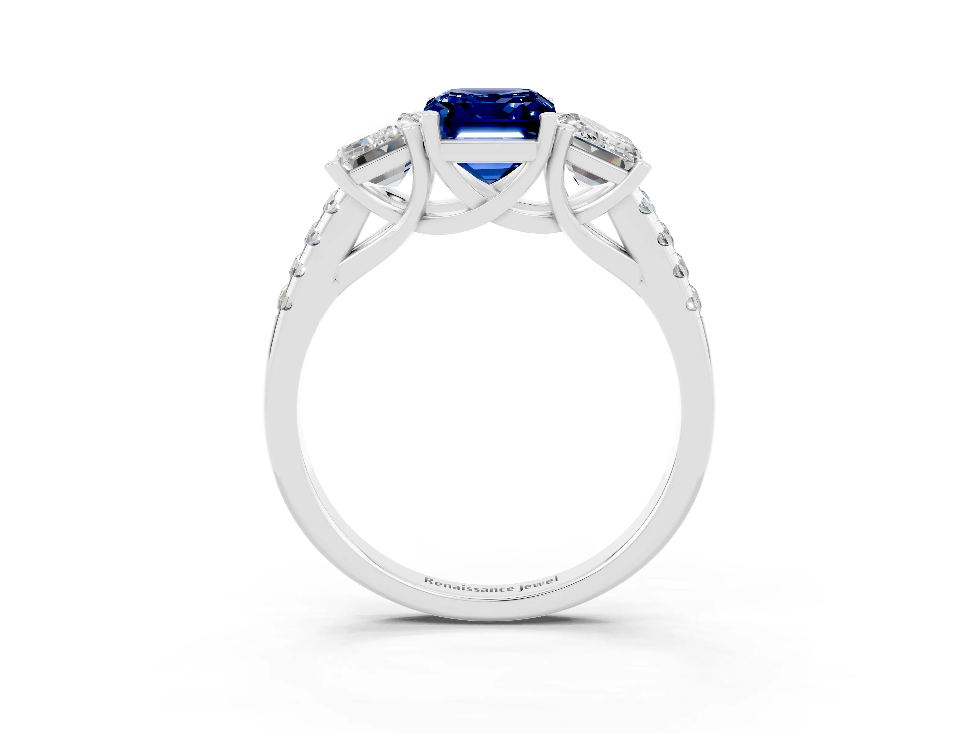 White gold Three-Stone Emerald Cut Blue Sapphire Ring with Pavé Band and Prong Setting_15