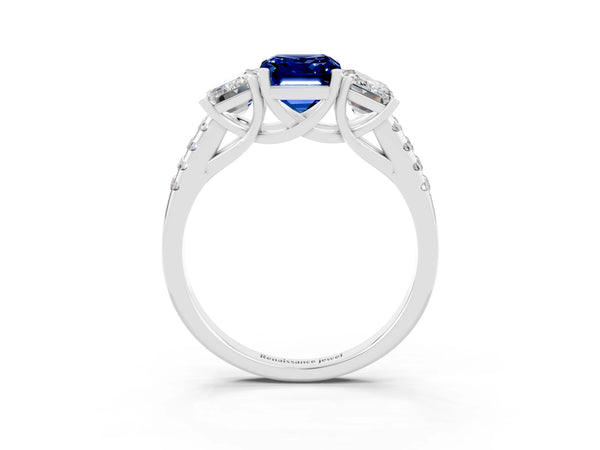 White gold Three-Stone Emerald Cut Blue Sapphire Ring with Round  Pavé Band and Prong Setting