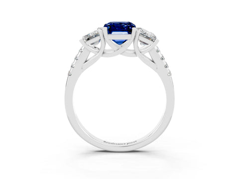 White gold Three-Stone Emerald Cut Blue Sapphire Ring with Pavé Band and Prong Setting_15