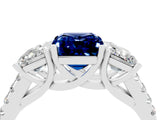 White gold Three-Stone Emerald Cut Blue Sapphire Ring with Pavé Band and Prong Setting_16