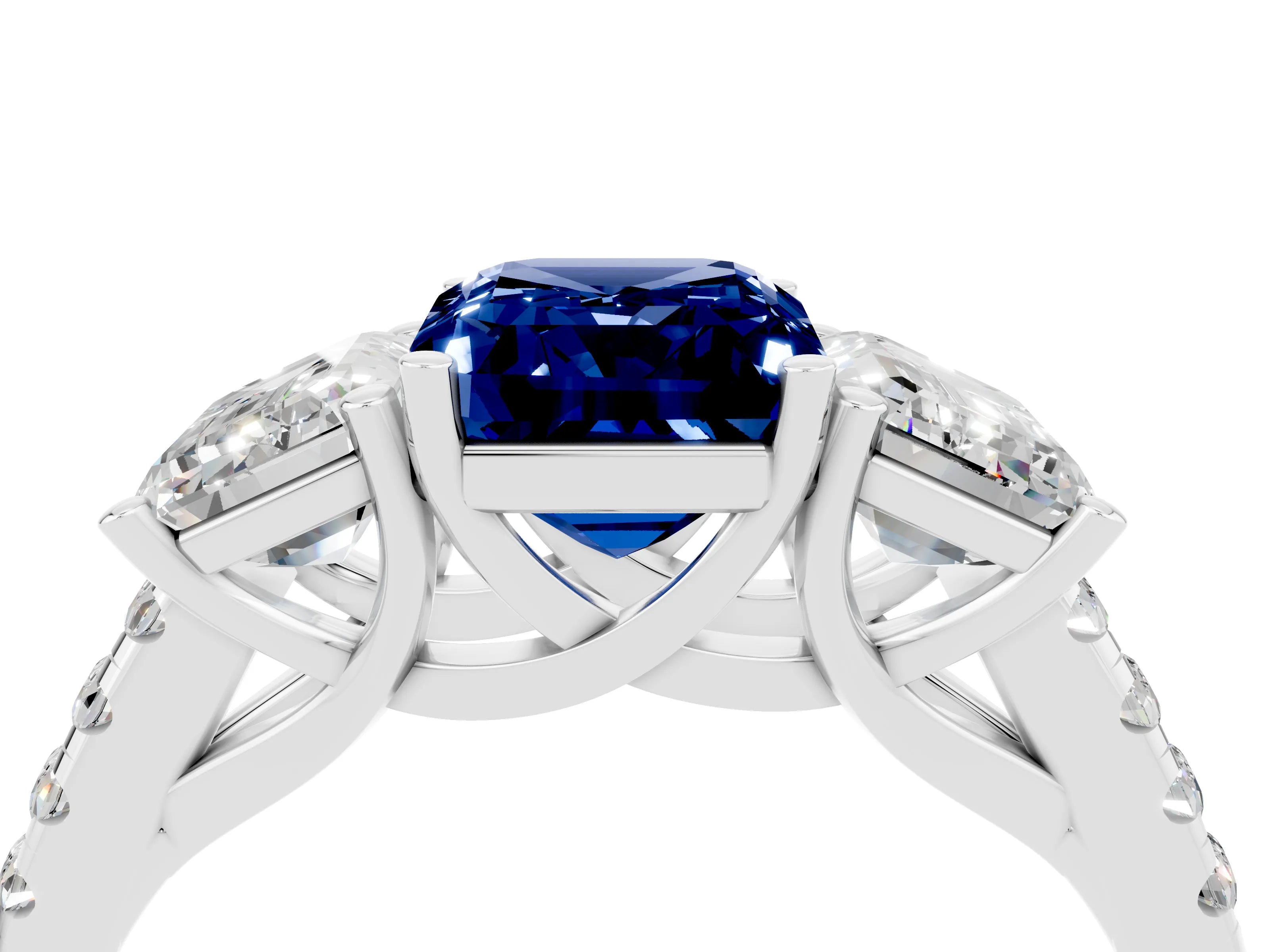 White gold Three-Stone Emerald Cut Blue Sapphire Ring with Pavé Band and Prong Setting_16