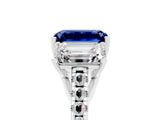 White gold Three-Stone Emerald Cut Blue Sapphire Ring with Pavé Band and Prong Setting_17