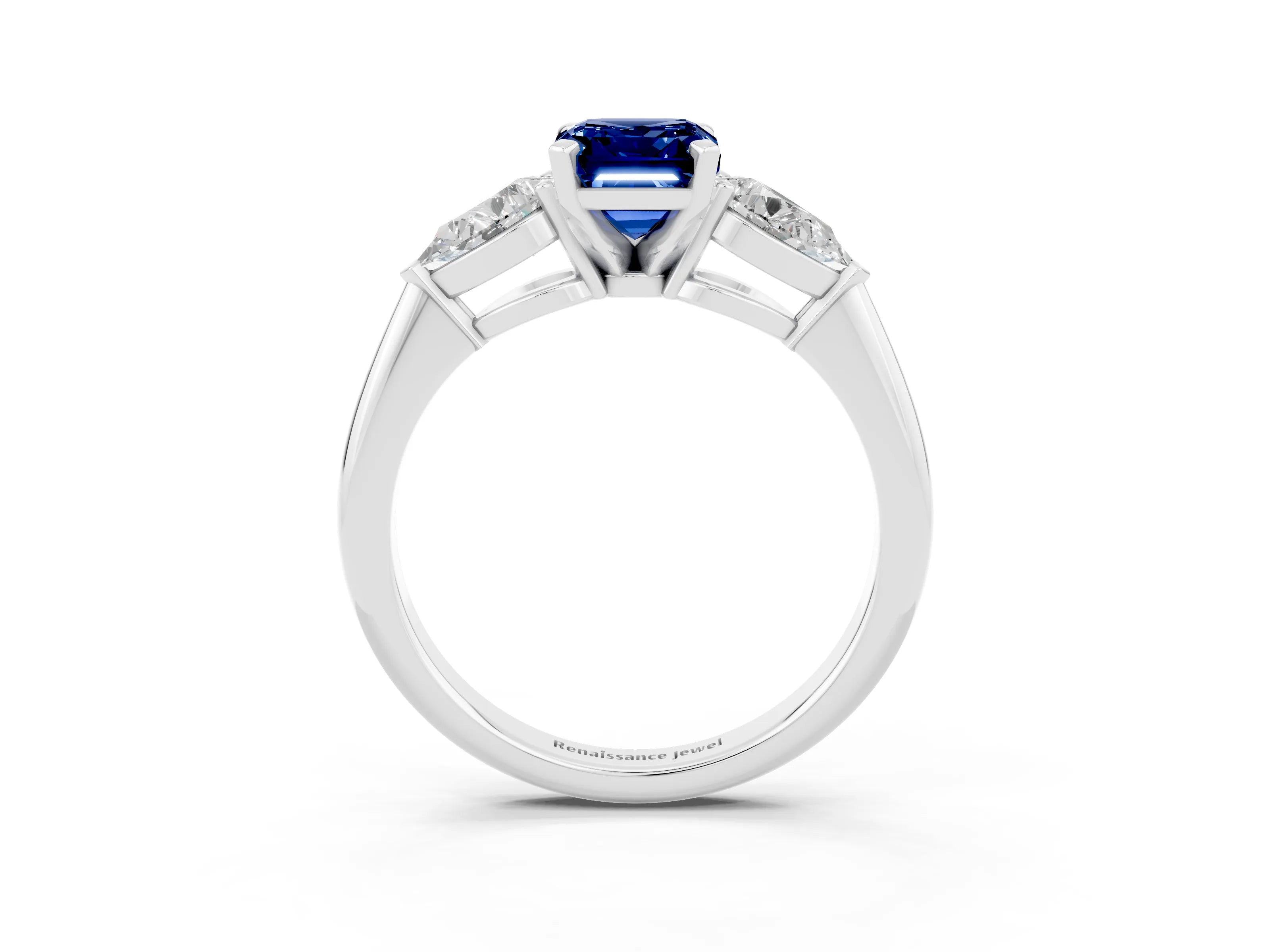 White gold Three-Stone Emerald Cut Blue Sapphire Ring with Pear Side Stones and Four-Prong Setting_3