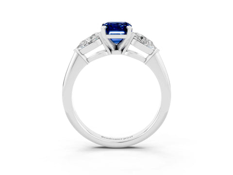 White gold Three-Stone Emerald Cut Blue Sapphire Ring with Pear Side Stones and Four-Prong Setting_3