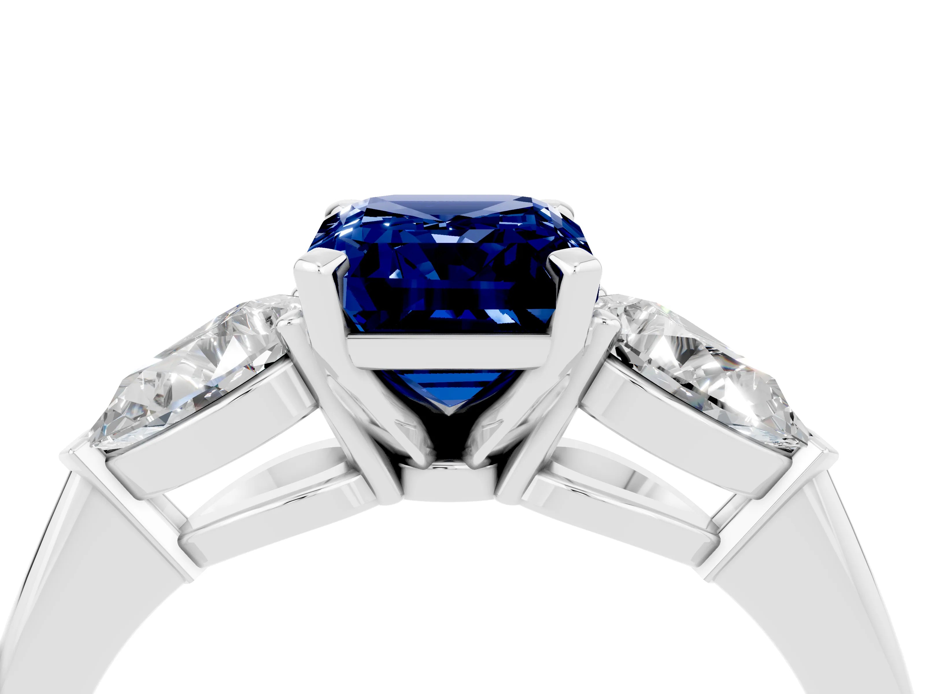 White gold Three-Stone Emerald Cut Blue Sapphire Ring with Pear Side Stones and Four-Prong Setting_4