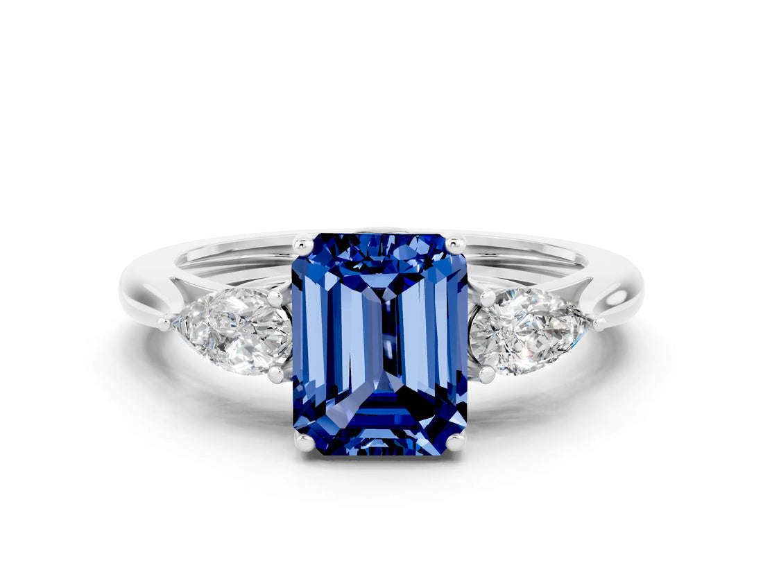White gold Three-Stone Emerald Cut Blue Sapphire Ring with Pear  Side Stones in Four-Prong Setting_12
