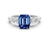White gold Three-Stone Emerald Cut Blue Sapphire Ring with Pear  Side Stones in Four-Prong Setting_12