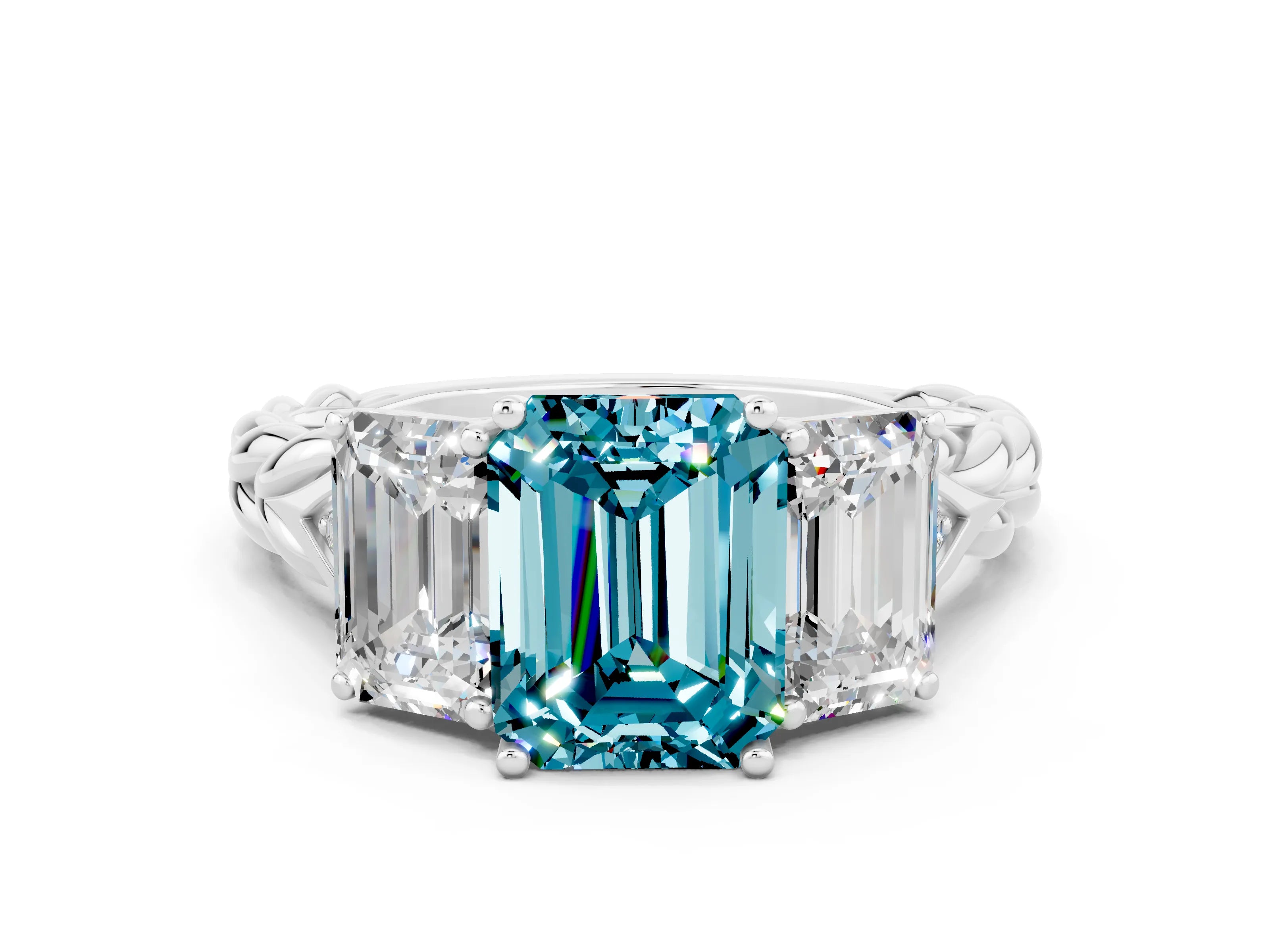 White gold Three-Stone Emerald Cut Blue Topaz Braided Band Ring with Four-Prong Setting_36