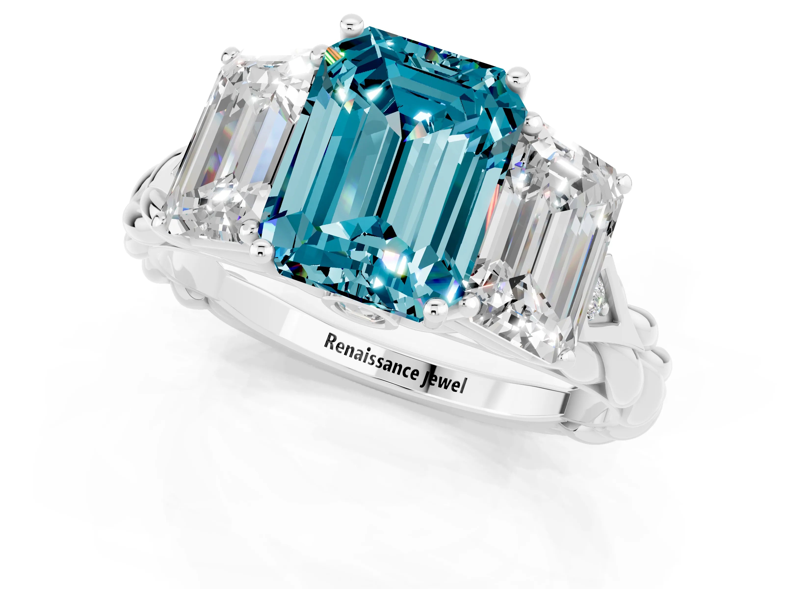 White gold Three-Stone Emerald Cut Blue Topaz Braided Band Ring with Four-Prong Setting_37