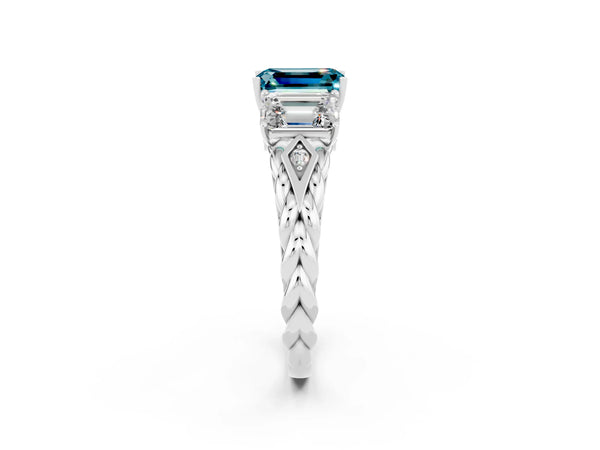 White gold Three-Stone Emerald Cut Blue Topaz Braided Band Ring with Four-Prong Setting