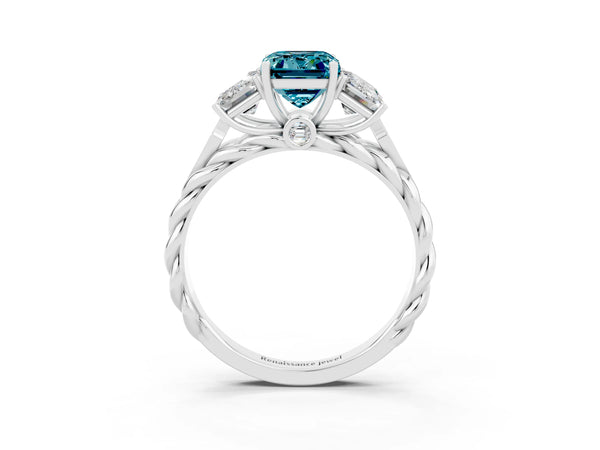 White gold Three-Stone Emerald Cut Blue Topaz Braided Band Ring with Four-Prong Setting