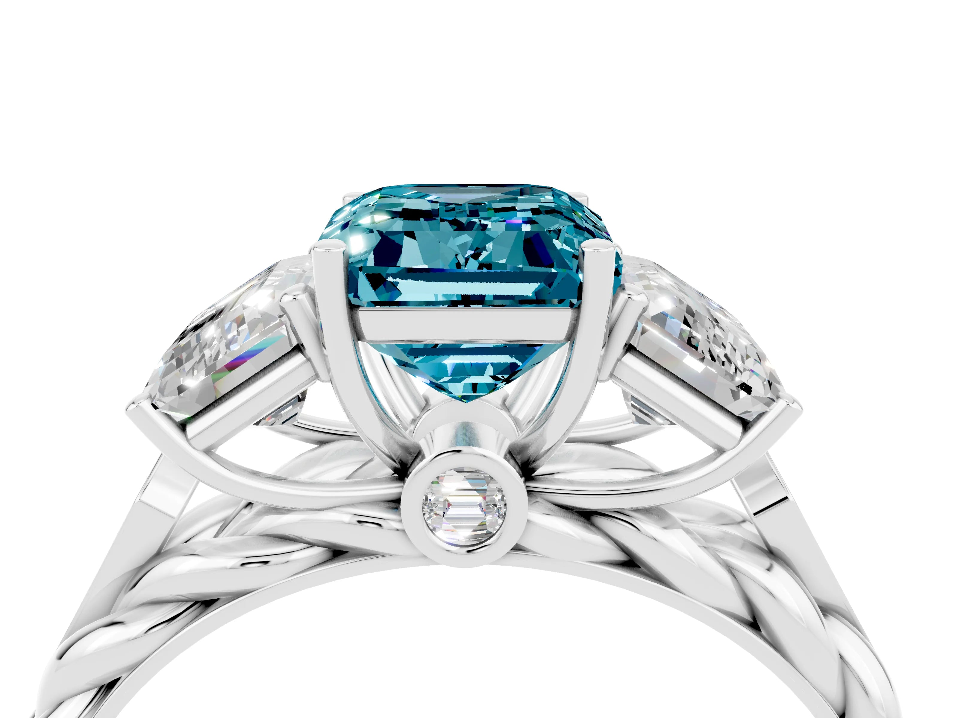 White gold Three-Stone Emerald Cut Blue Topaz Braided Band Ring with Four-Prong Setting_40