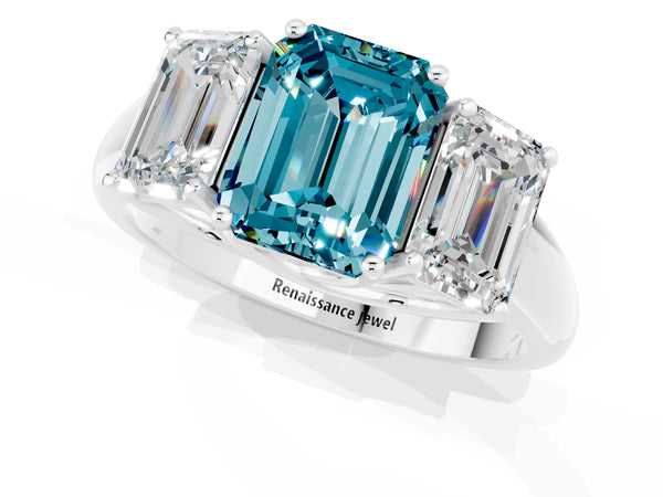 Silver Three-Stone Emerald Cut Blue Topaz Engagement Ring with Prong Setting
